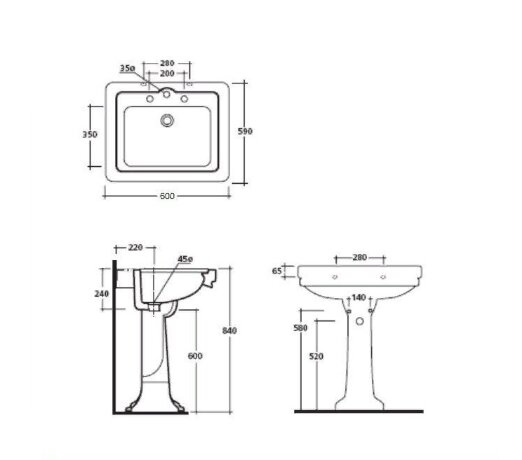 Раковина GALASSIA ETHOS 8417 подвесная или встраиваемая сверху с тремя отверстиями с переливом цвет белый глянцевый